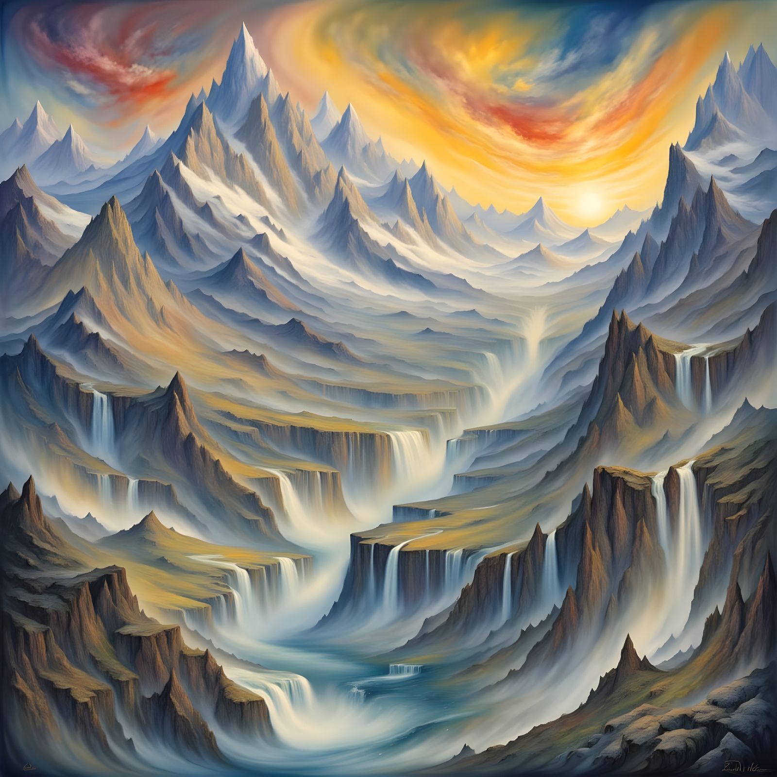 Majestic Mountain Peaks at Sunset with Flowing Waterfalls