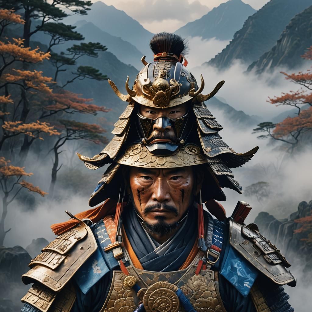 Samurai Portrait in Misty Mountains, Cinematic Lighting