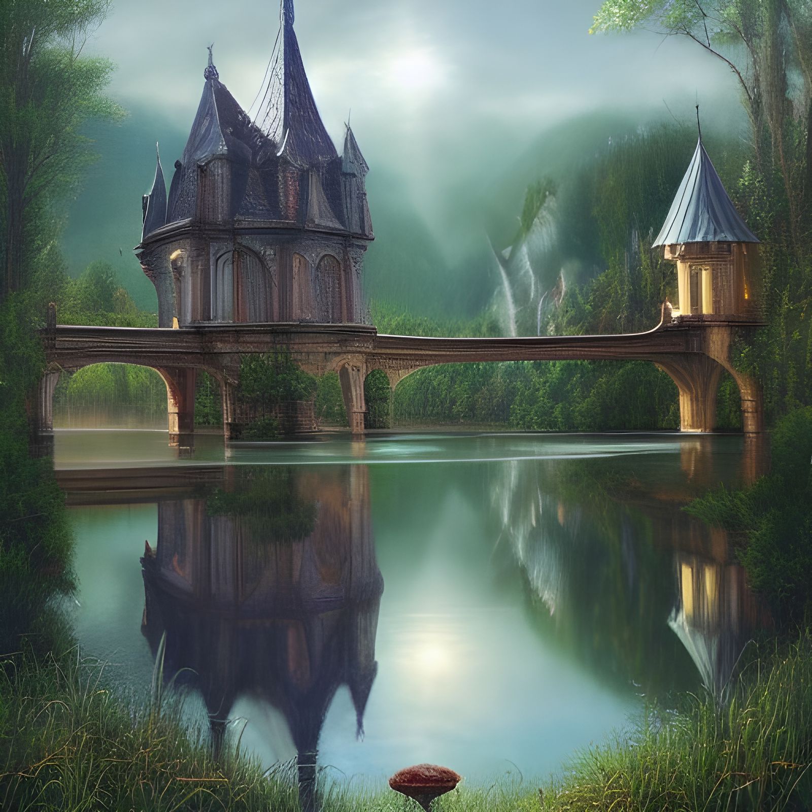 Fantasy Bridge Chapel Near Water: Detailed Oil Painting