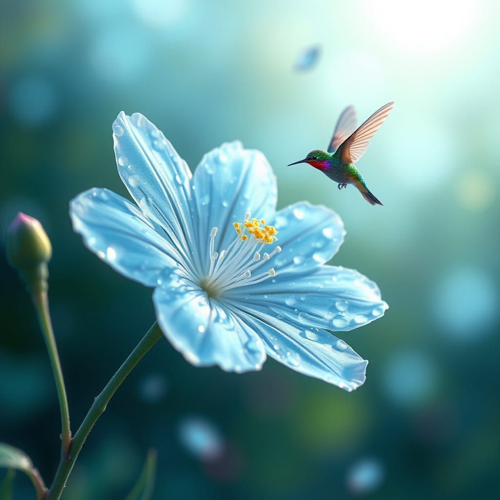 Iridescent Dew Flower with Hummingbirds in Art Nouveau Style