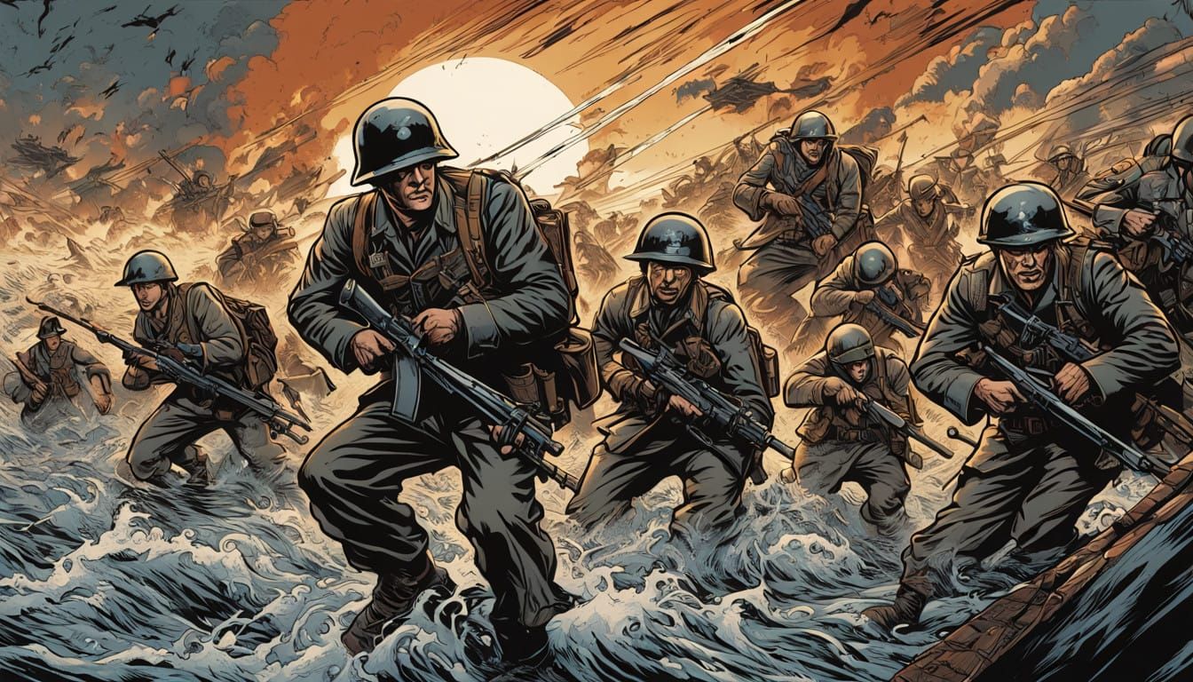 Heroic American Soldiers Charging Omaha Beach in Classic Com...