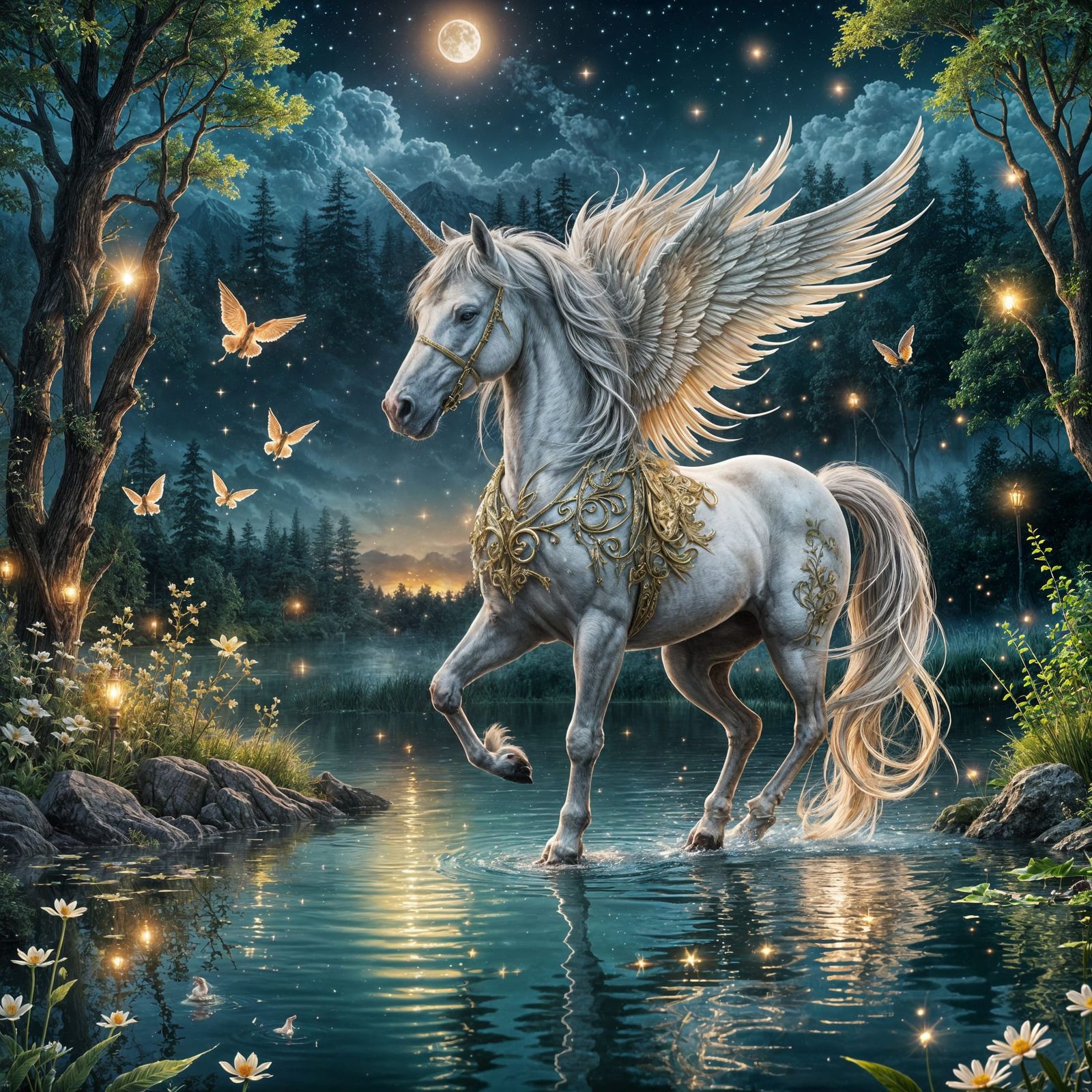 Enchanted Pegasus Unicorn at Midnight Lake