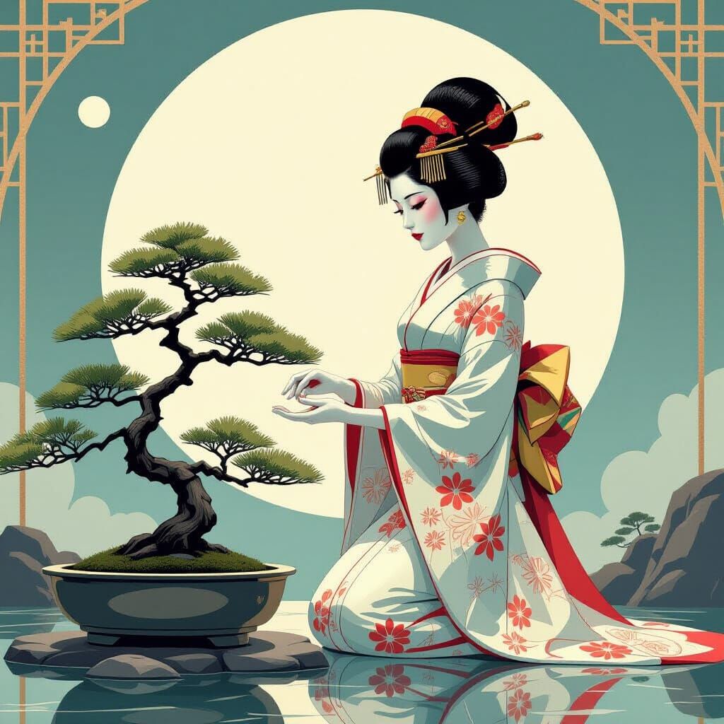 Android Geisha Tends Bonsai in Futuristic Art Deco Garden