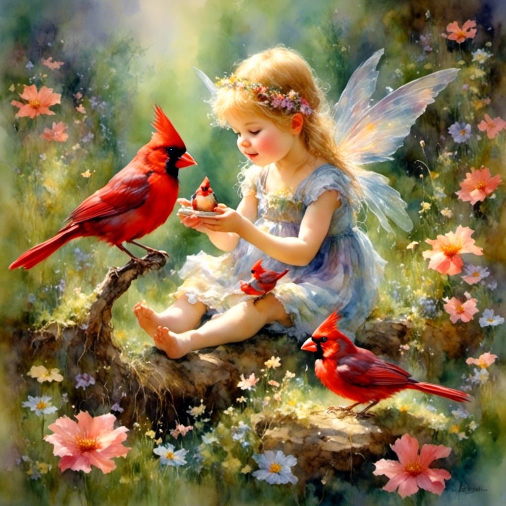 Fairies Feeding Cardinals: A Whimsical Scene