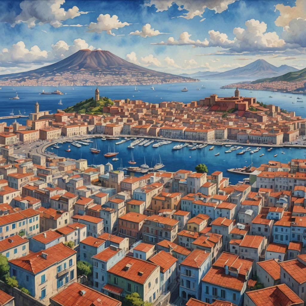 Naples and Vesuvius in Naive Art Style