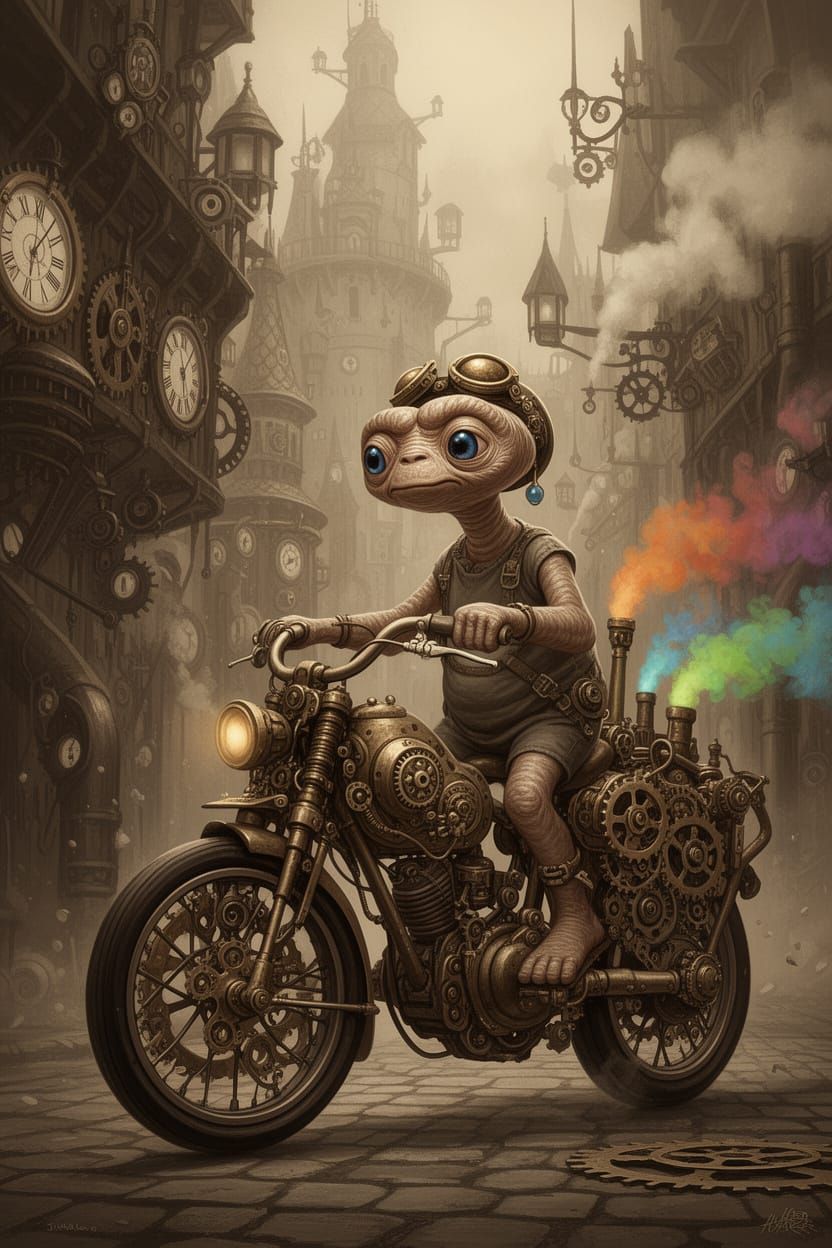 E.T. Rides Bicycle in Whimsical Steampunk City