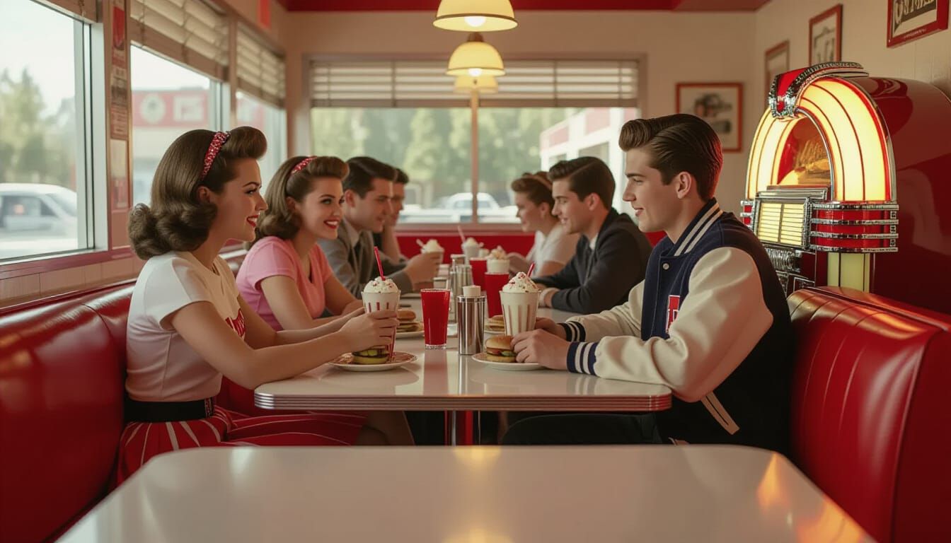 1950s Diner Scene with Patrons Enjoying Food