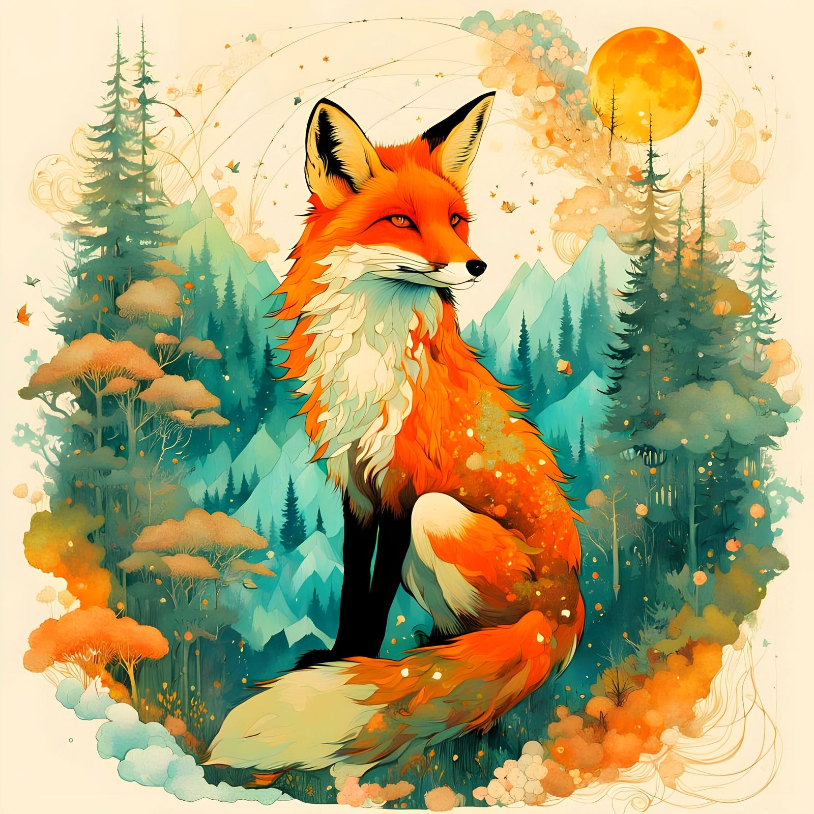 Double Exposure Fox in Surreal Forest Landscape