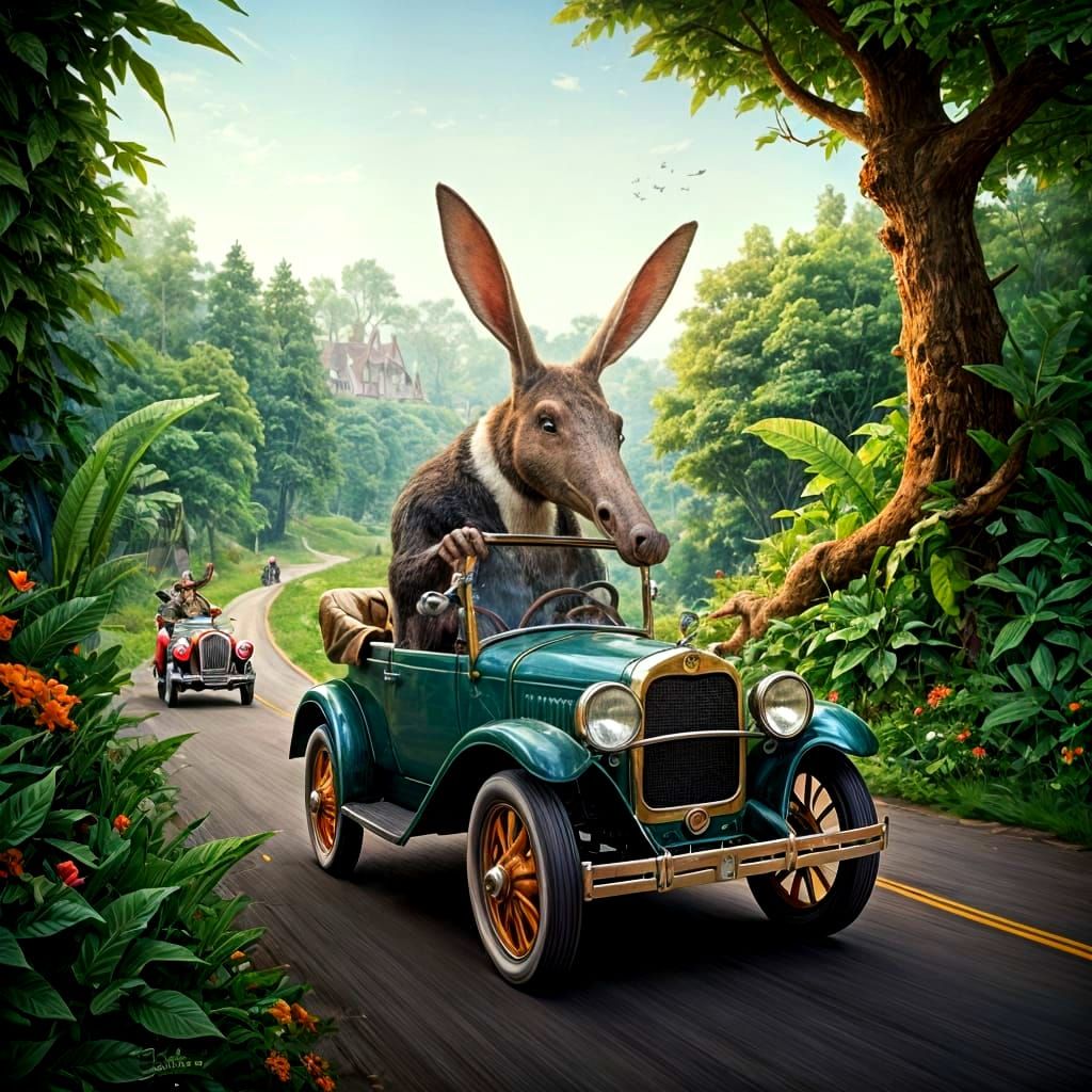 Aardvarks Driving Vintage Cars in Arthur Rackham Style