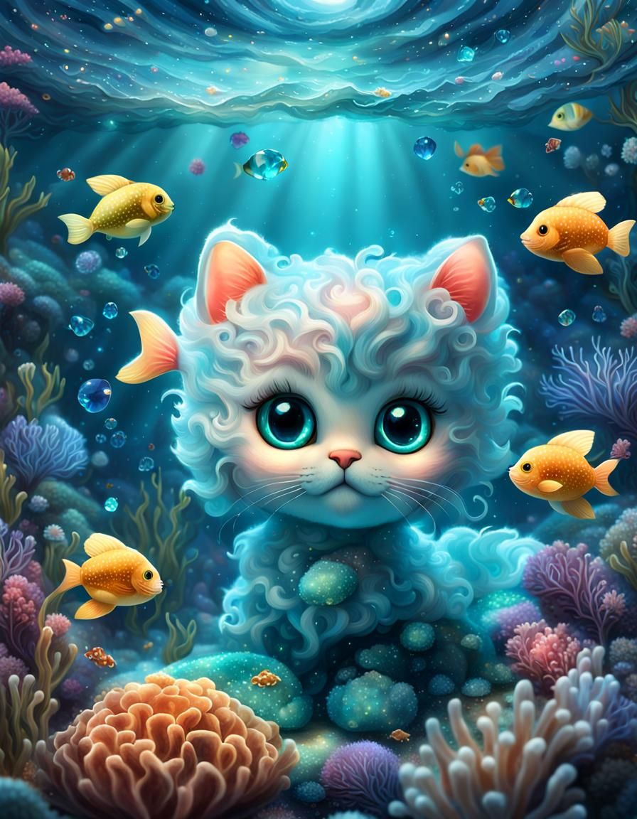 Baby Cat and Mermaid in Underwater Paradise
