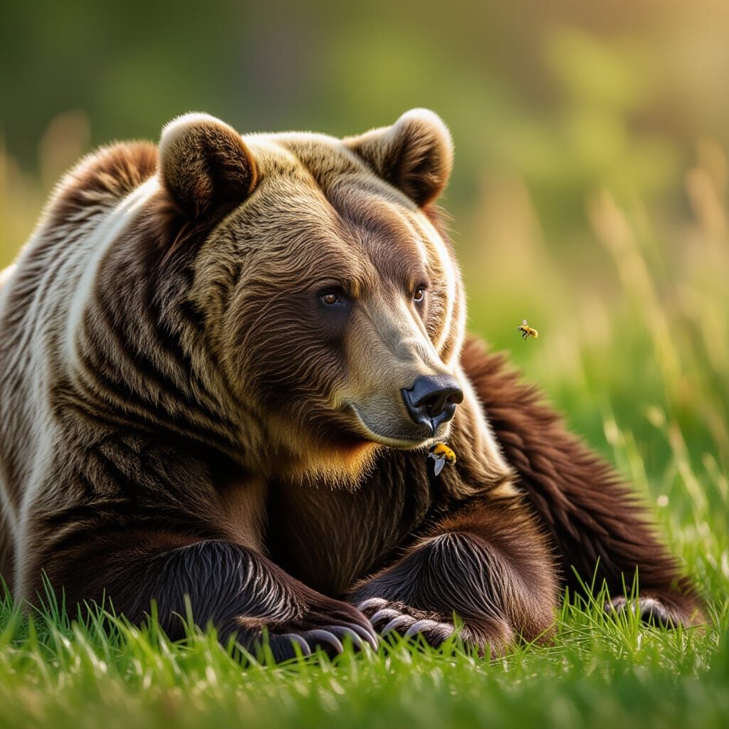 Brown Bear and Bee Share Peaceful Moment in Warm Realism
