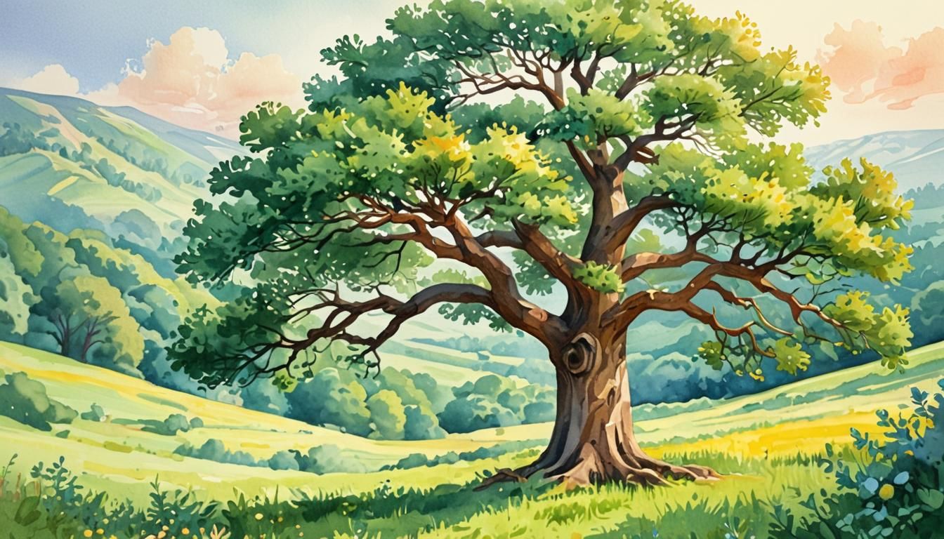 Majestic Oak in United Ukraine: Watercolor Illustration
