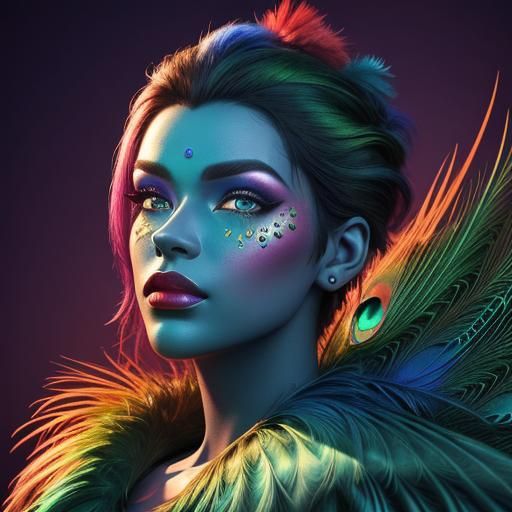 Rainbow Woman with Peacock Hair in 3D Digital Art