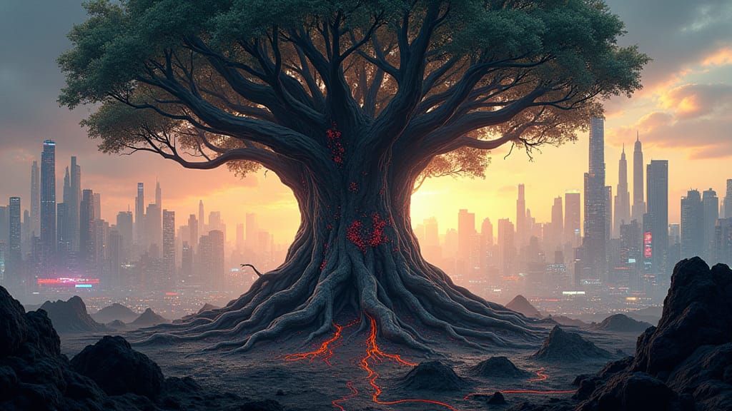 Cyberpunk Cityscape with Ubuntu Tree in Matte Painting Style