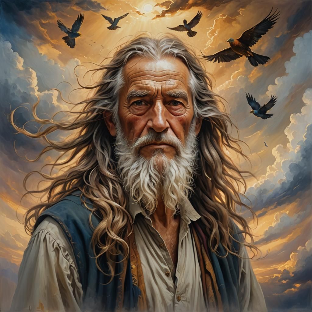 Old Man with Wavy Hair: Oil Painting on Canvas