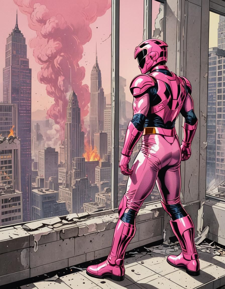 Pink Power Ranger in Devastated City, Comic Art