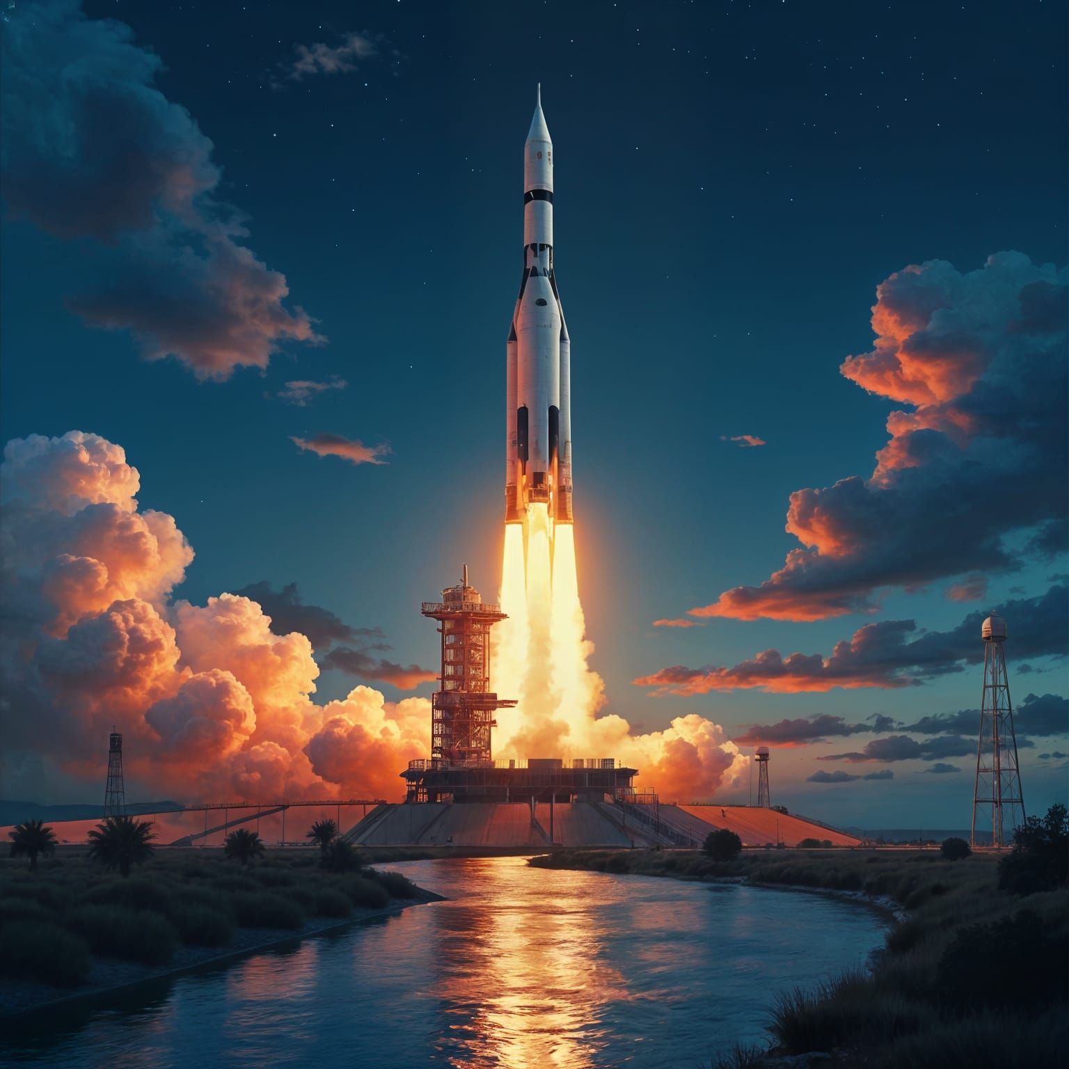 Hyperrealistic Apollo Rocket Launch at Night