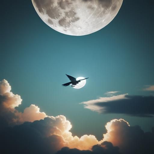Dramatic Bird Flying Before Full Moon