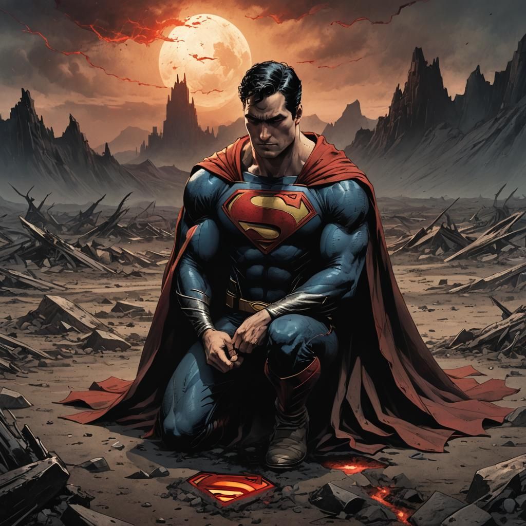 Superman Kneeling in Desolate Wasteland: Dark Fantasy Comic ...