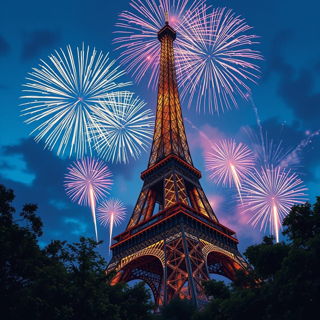 Eiffel Tower Fireworks Display in Fantasy Art Style