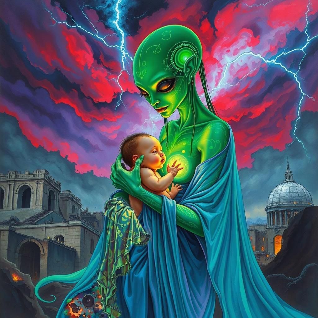 Alien Mother with Child, Gouache Impressionist Painting