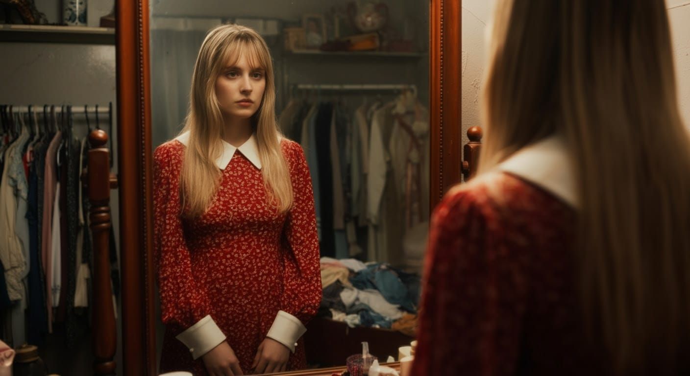 Woman Contemplates Reflection in Vintage Dressing Room
