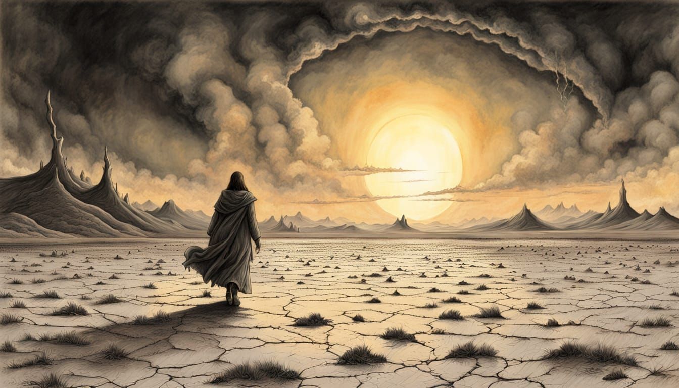 Surreal Wanderer in Post-Apocalyptic Landscape