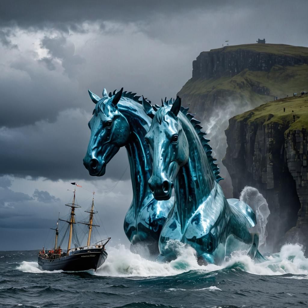 Mythical Storm Kelpies and Sailing Ship
