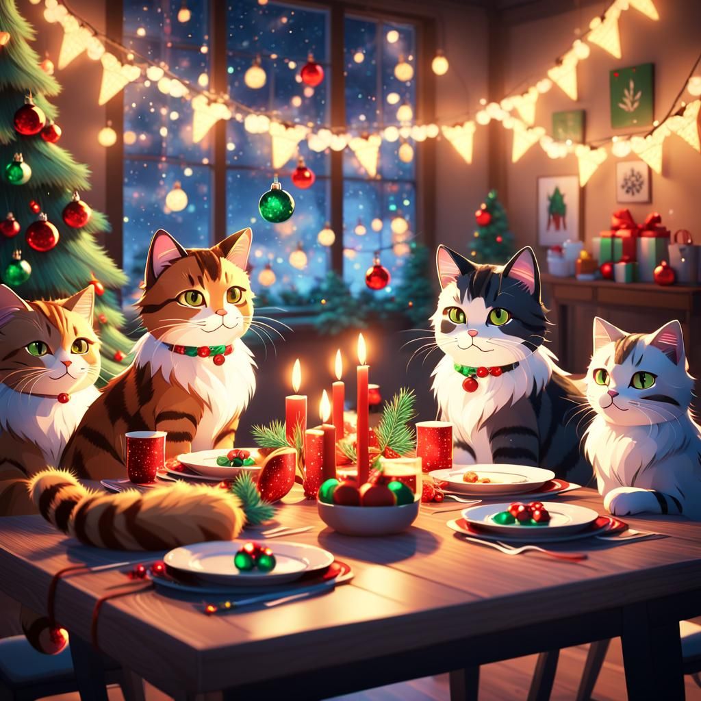 Anime Cats Celebrate Festive Christmas with Glowing Lights