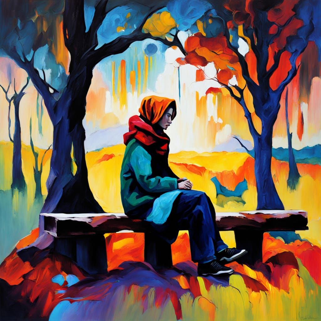 Weary Woman in Dark Forest, Vibrant Oil Painting