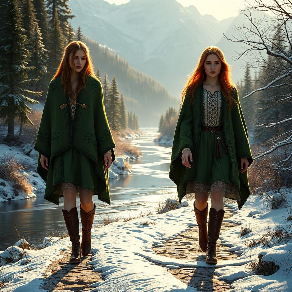 Mystical Celtic Goddesses Walk Beside a Winter River