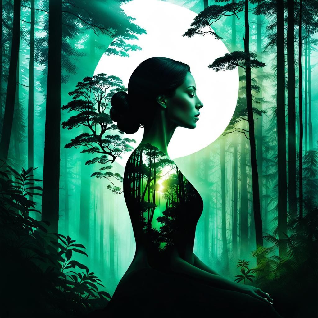 Harmonious Double Exposure of Woman and Forest