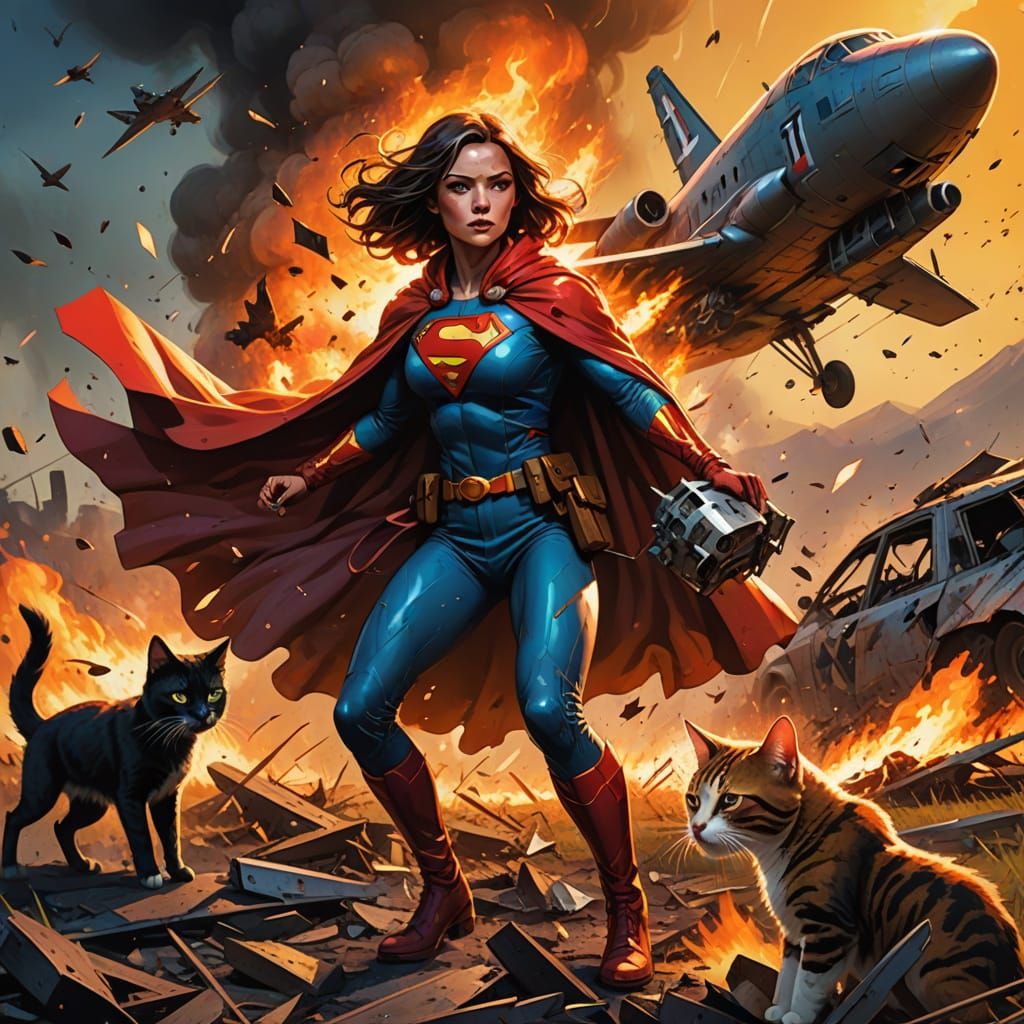 Heroic Girl Saves Kitten from Plane Crash in Vibrant Digital...