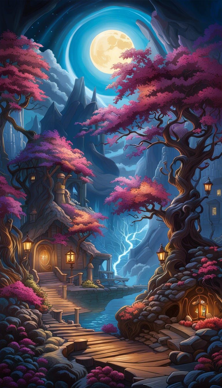 Magical Forest at Night: Aetherpunk Fantasy Art