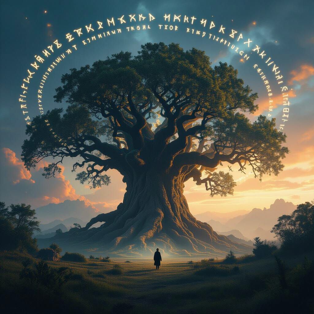 Majestic Tree with Flying Runes in Sci-Fi Style