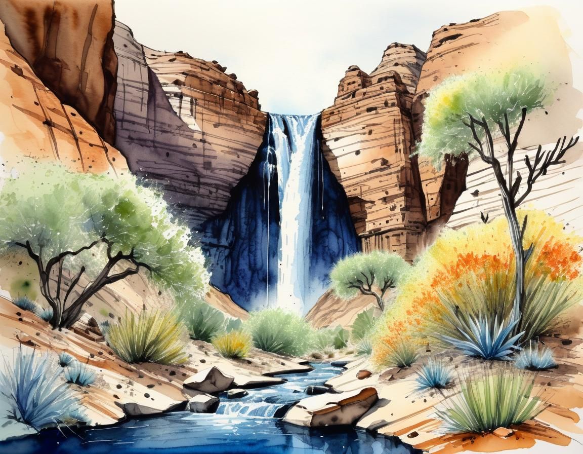 Desert Waterfall in Pen, Ink and Watercolor