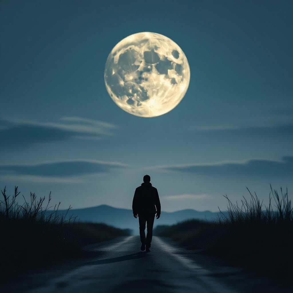 Ominous Moon Shadow Follows a Lone Walker: Cinematic Still