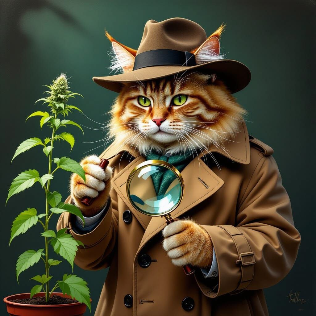 Noir Cat Detective Inspects Catnip Plant