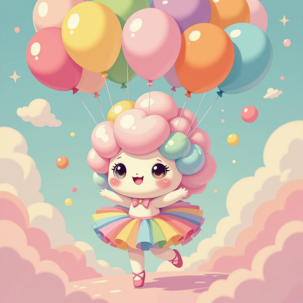Cotton Candy Creature Carried by Balloons in Whimsical Style