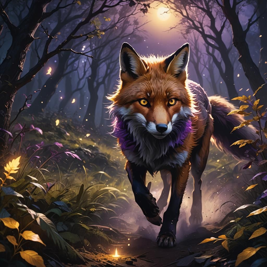 Fox in Mystical Moonlight Wood: Dark Fantasy Art