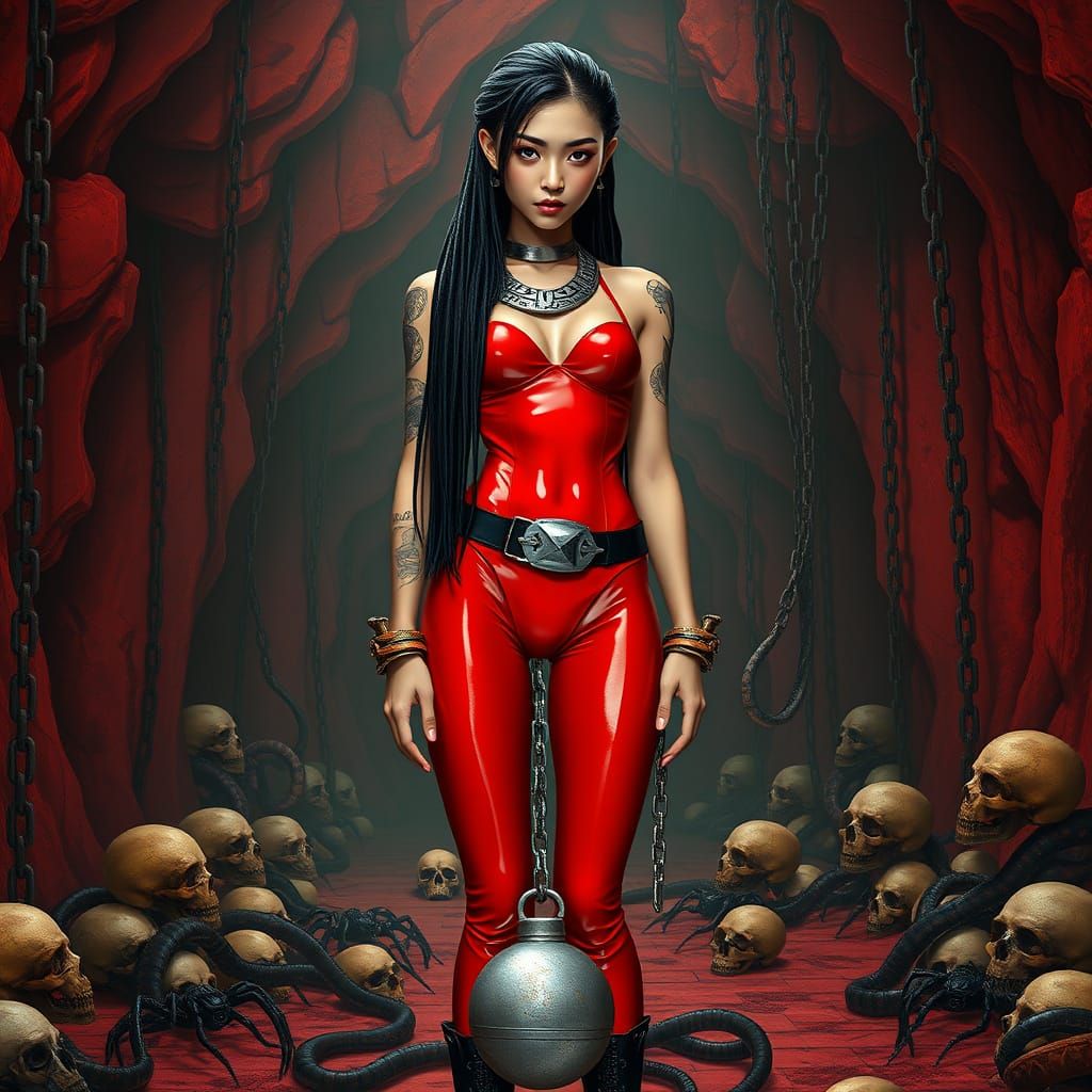 Dark Gothic Teen with Red Latex Outfit and Tattooed Boots in...