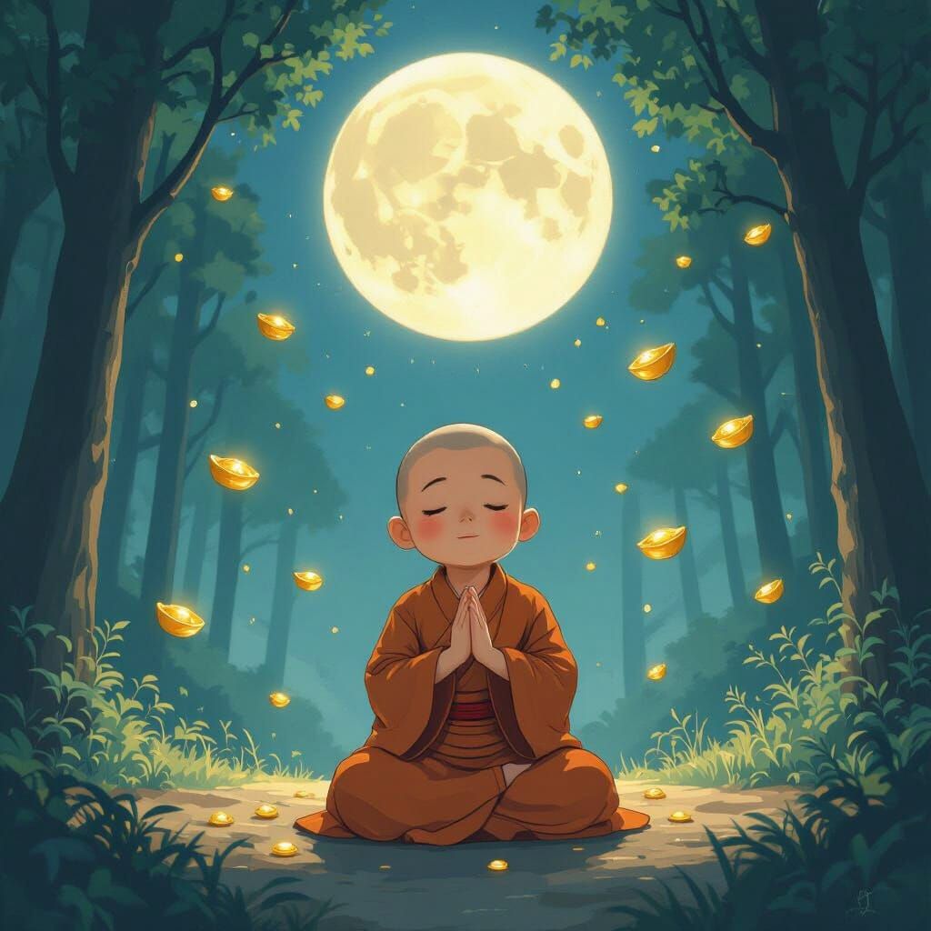 Cute Monk Praying Under Full Moon with Floating Gold Ingots