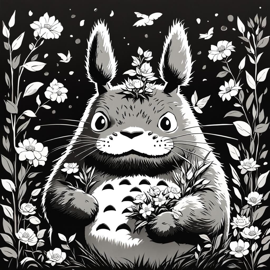 Totoro Portrait in Black and White with Flowers