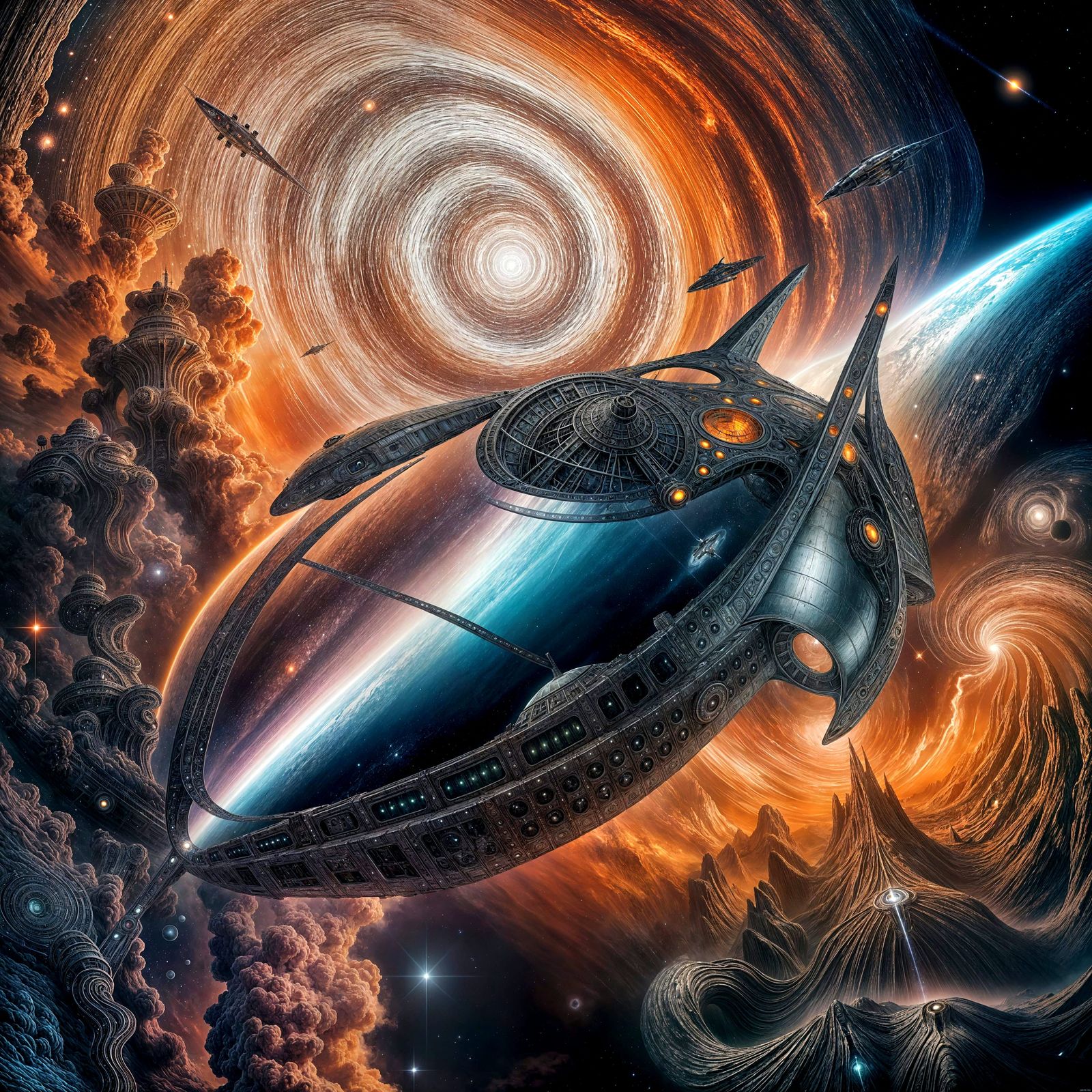 Futuristic Spacecraft Navigates a Vibrant Nebula