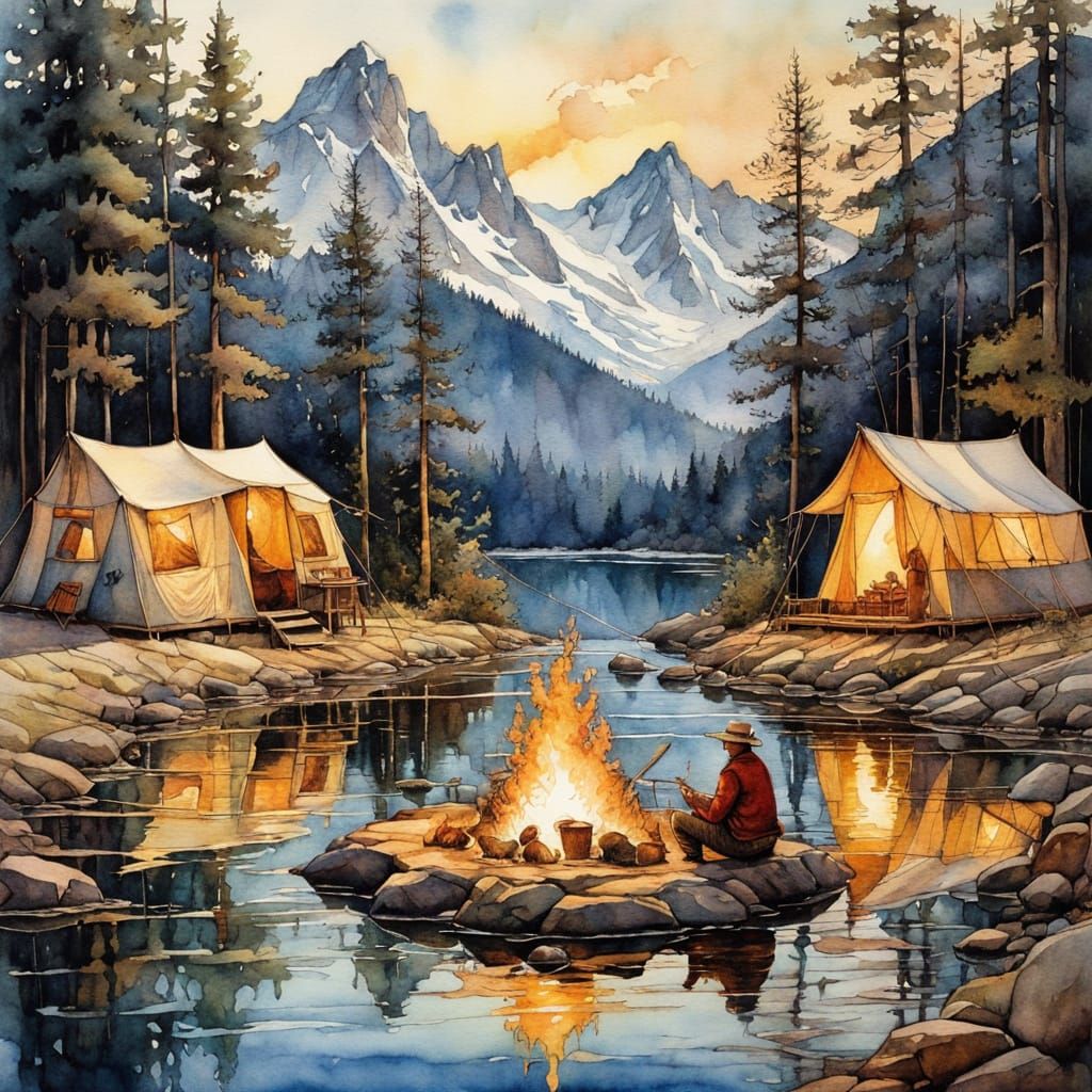 "Three people sat around a crackling campfire roasting marsh...