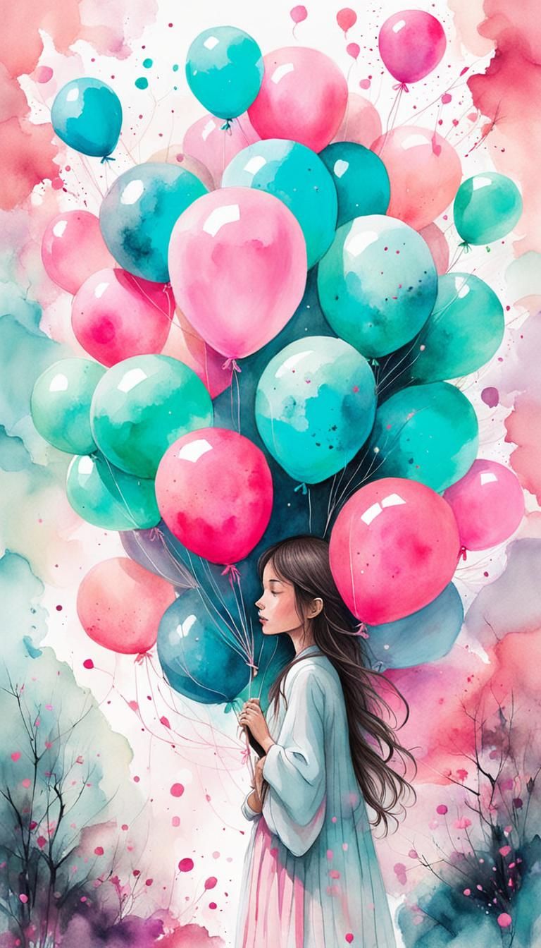Girl with Balloons: Whimsical Watercolor Illustration