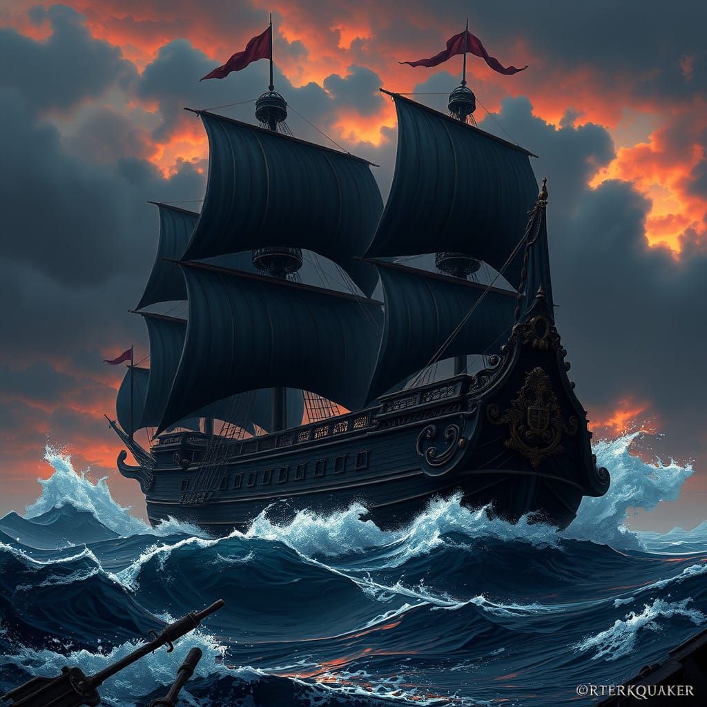 Majestic Black Galleon in Turbulent Fantasy Seascape