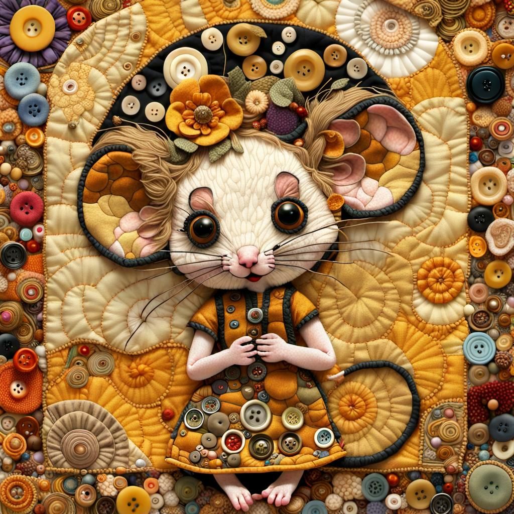 Chibi Mouse Quilt in Klimt Inspired Mixed Media