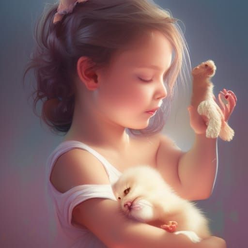 Baby Girl Portrait with Pet, Hyperdetailed Art