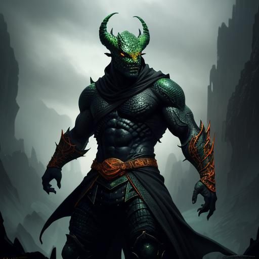 Black Dragonborn, lizard man, black skin, maniacal, masculin...